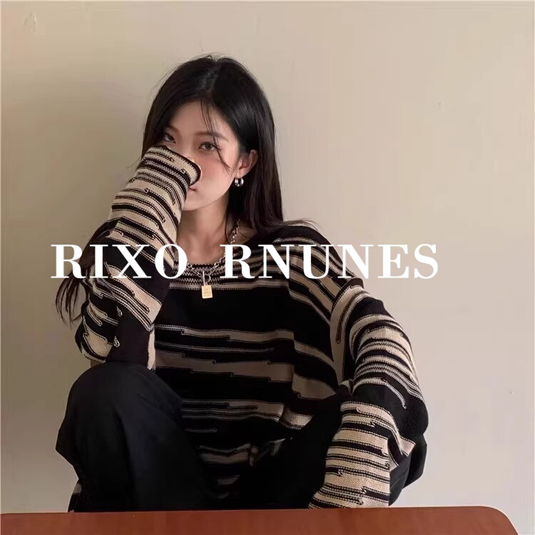 Rixo Rnunes French-Style Autumn and Winter Retro Color-Blocked Striped Pullover Knitwear for Women, Thin Sweater with a Lazy Style Rixo Rnunes French-Style Autumn and Winter Retro Color-Blocked Striped Pullover Knitwear for Women, Thin Sweater with a Lazy Style