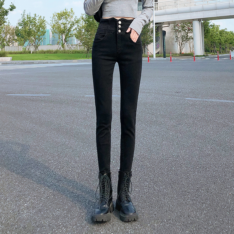 Ultra-high-waist jeans Women's autumn winter plus suede 2021 new body display high colour and warm and small foot pencil chic