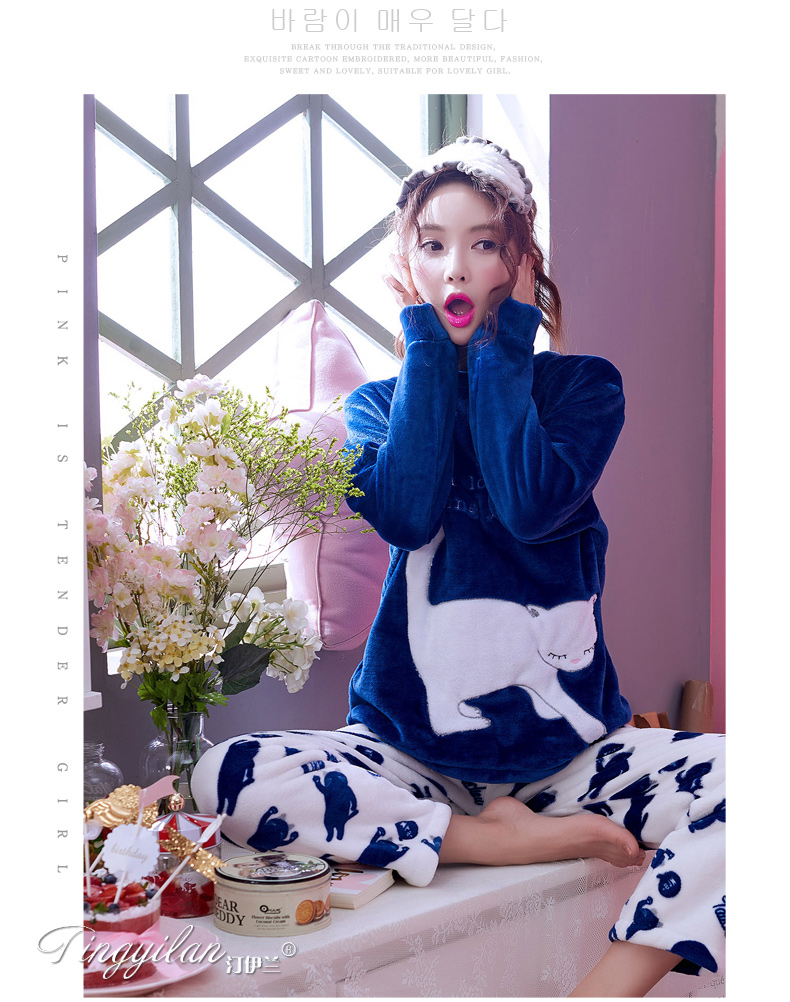 Đồ ngủ nữ mùa thu đông dày cộng với bộ đồ flannel nhung có thể mặc bên ngoài dịch vụ gia đình nhung dài tay dễ thương nhung XL đồ ngủ nữ