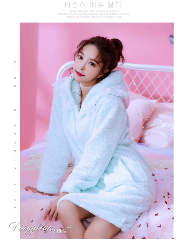 Ren nơ đêm nữ mùa thu và mùa đông đồ ngủ dài tay dày flannel san hô lông cừu dịch vụ nhà mùa xuân và mùa thu dễ thương shop váy đẹp