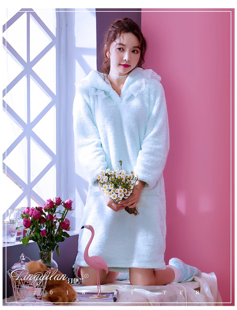 Ren nơ đêm nữ mùa thu và mùa đông đồ ngủ dài tay dày flannel san hô lông cừu dịch vụ nhà mùa xuân và mùa thu dễ thương đầm cho người lớn tuổi