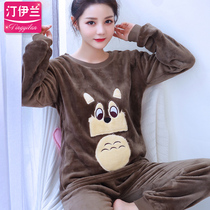 Sweet and cute flannel pajamas female plus velvet thickened coral velvet autumn and winter round neck sleeve student home clothing Korean version