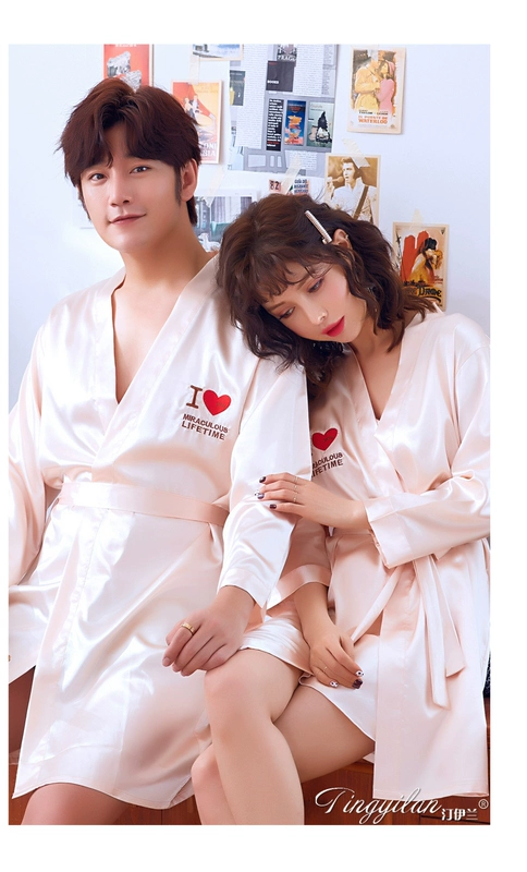 Bộ đồ ngủ mùa hè áo choàng tắm mỏng kimono lụa dài mùa xuân và mùa thu hai mảnh áo choàng yukata cộng với kích thước lụa băng - Night Robe