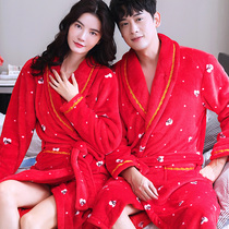Love couples robe thickened flannel autumn and winter sweet coral velvet bathrobe pajamas festive red wedding