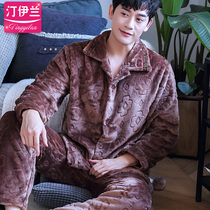 Exquisite flower-cut pajamas men thick flannel foreign trade long sleeve lapel large size autumn and winter coral velvet set home clothes