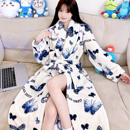 Демисезонный банный халат, осенний фланелевый коралловый бархатный удерживающий тепло лонгслив, пижама