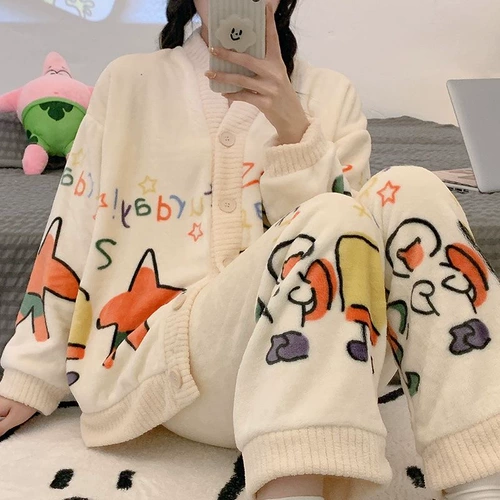 Пижама, фланелевый демисезонный лонгслив, нарукавники, комплект, коралловая бархатная милая домашняя одежда, кардиган, увеличенная толщина, в корейском стиле, большой размер