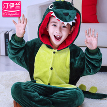 Dinosaur childrens cartoon conjoined pajamas animals young boys and girls autumn and winter flannel coral velvet home clothing