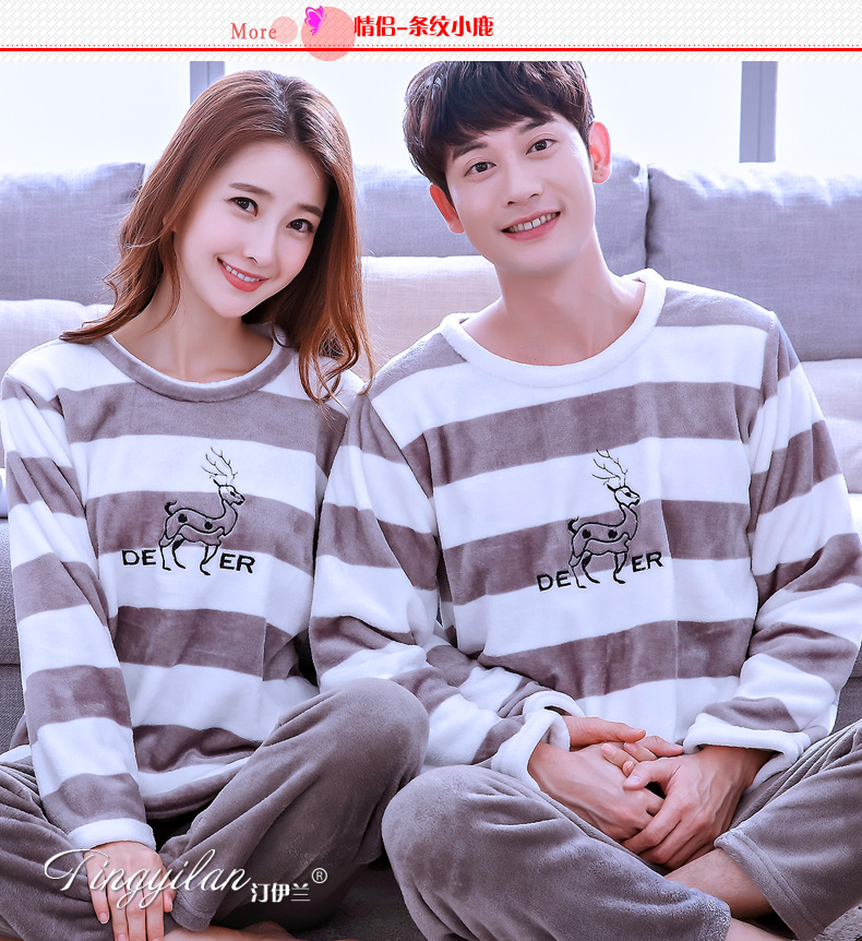 Bộ đồ ngủ đôi dày flannel phù hợp với dịch vụ gia đình nam nữ dễ thương mùa thu và mùa đông san hô lông cừu tươi bộ đồ mặc nhà