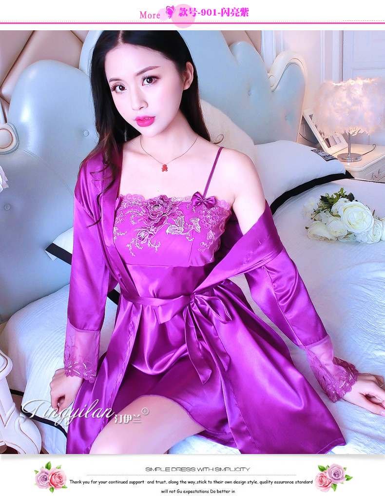 Đồ ngủ mùa hè của phụ nữ ngắn tay hai mảnh phù hợp với lụa ren dây đeo sexy mùa xuân và mùa thu dài tay băng lụa nightdress dịch vụ nhà