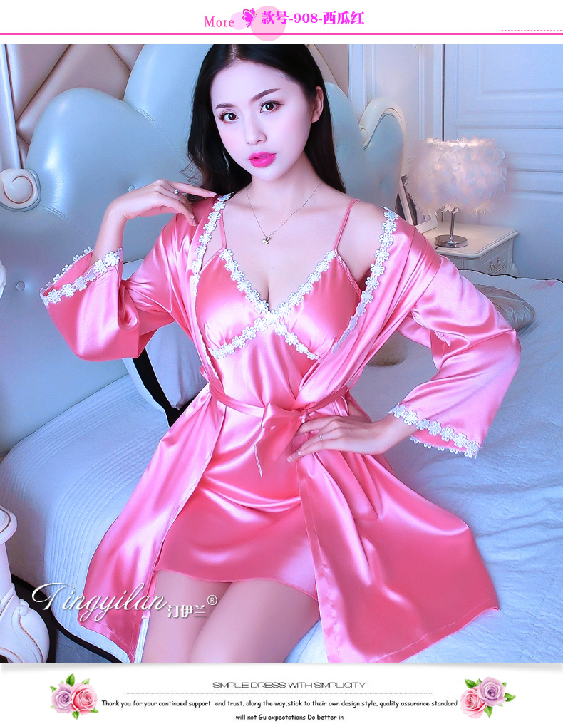 Đồ ngủ mùa hè của phụ nữ ngắn tay hai mảnh phù hợp với lụa ren dây đeo sexy mùa xuân và mùa thu dài tay băng lụa nightdress dịch vụ nhà