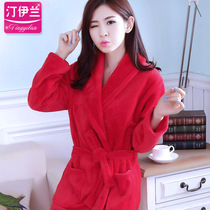 Nightgown womens autumn and winter thickened flannel long-sleeved cute bathrobe mens coral velvet pajamas Home dress wedding red