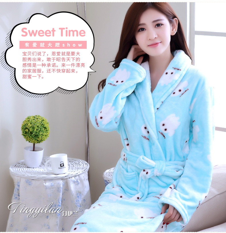 Lớn trắng dễ thương áo ngủ nữ áo choàng tắm nữ đồ ngủ mùa thu dịch vụ nhà dày flannel san hô nhung mùa thu dài tay áo đồ ngủ pijama