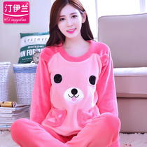 Korean version of pajamas womens cute long-sleeved thickened flannel autumn and winter suit home clothes Coral velvet autumn and winter velvet