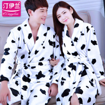 Ting Yilan nightgown couple autumn and winter thick flannel long sleeve bathrobe men and women coral fleece cow home clothing pajamas