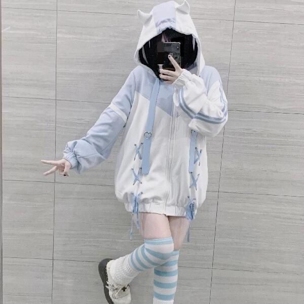 Light Blue Angel-Themed Blue Hooded Jacket for Women, Cute Japanese-Style Soft Girl Loose-Fitting Zip-Up Sweatshirt with Long Sleeves