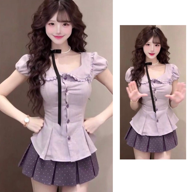French-Style Square-Neck Puff Short-Sleeved Shirt, Slim-Fitting Top, Women's Polka-Dot Pleated Skirt, New Summer Purple Uniform Suit