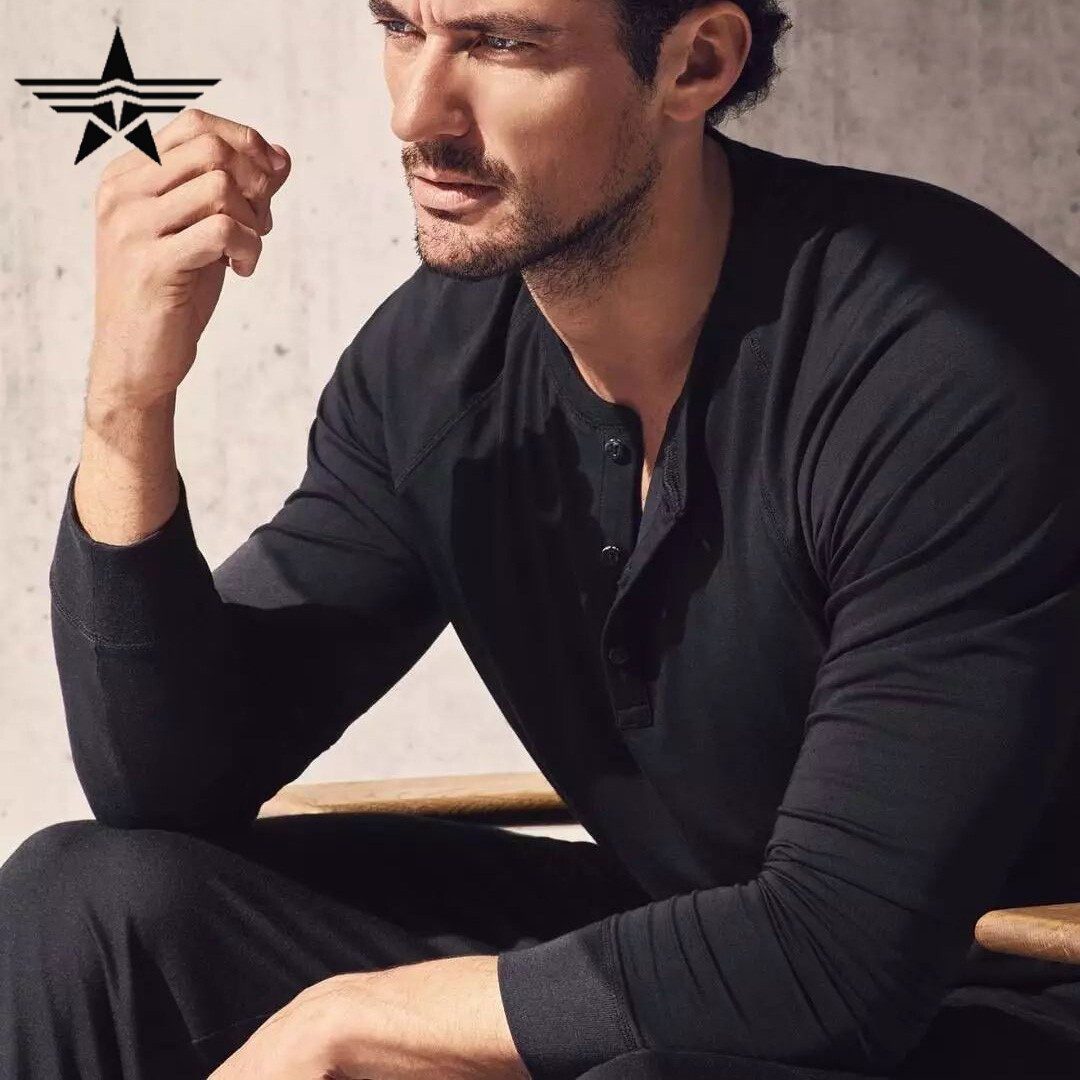 Henry collar long-sleeved raglan sleeves high stretch cotton T-shirt fitness bottoming thick black and white gray dark blue men's slim