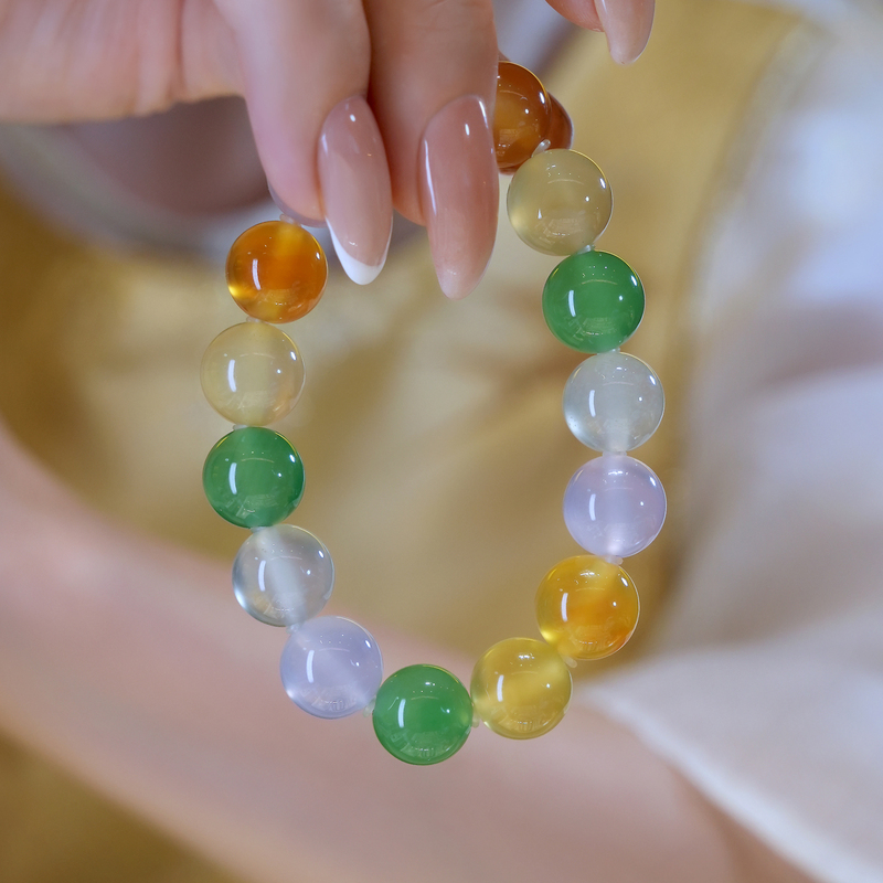 Dai Yue Ice Type Yang Green Yellow Jade Rainbow Multi-Gem 10mm Bracelet Natural Chalcedony Agate Bracelet Enhances Fair Skin Tone for Women