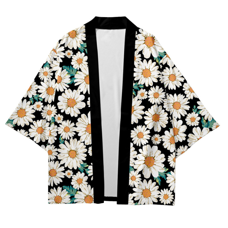 Chinese-Style Daisy Print Kimono Cardigan, Japanese-Style Loose Hong Kong-Style Three-Quarter Sleeve Haori Robe, Sun Protection Jacket