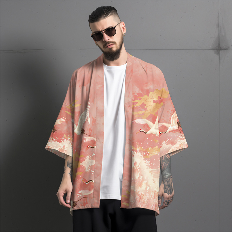 Chinese Style Retro Loose Three-Quarter Sleeve Crane Print Feather Cardigan Summer Yukata Kimono Nightgown Sun Protection Clothing