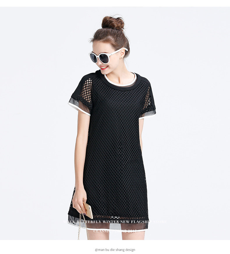 2017夏装新款欧根纱蕾丝镂空中长款连衣裙女