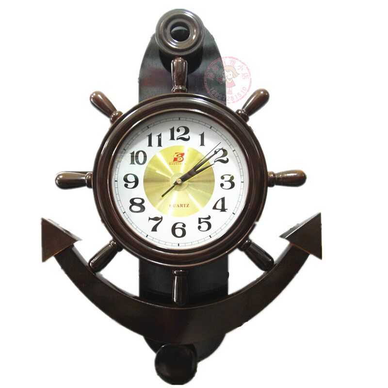 Retro Solid Wood Hung Clock Living Room Hall Clock Creative Ship Anchor Ship Rudder Hotel Guest House Hang Clock Quartz Clock