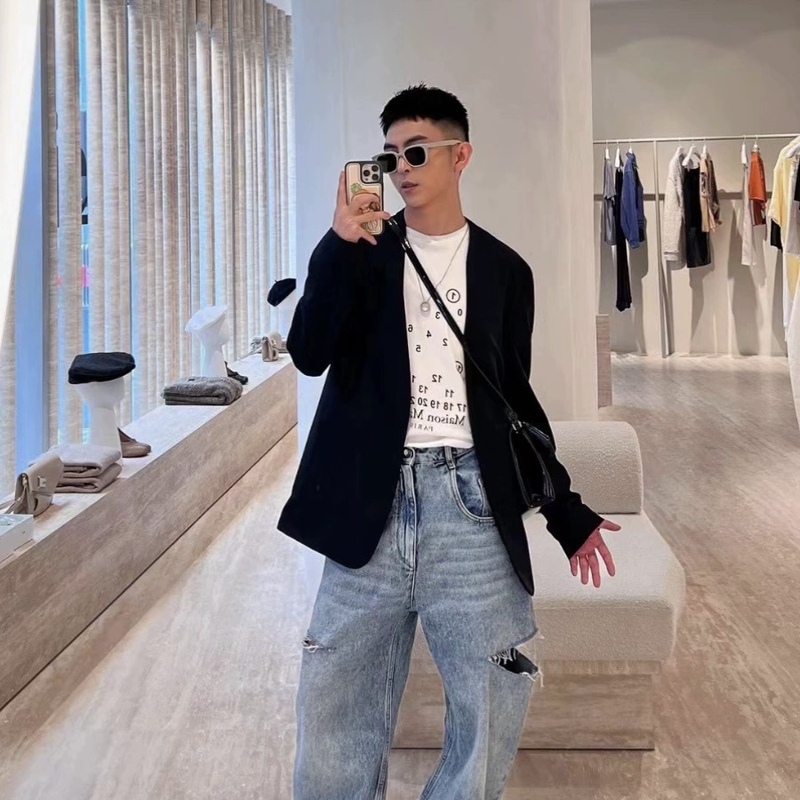 Sun72Bian Collarless Wool Thin Suit with Four-Corner Stitching Design, Loose Casual Unisex Jacket Trendy