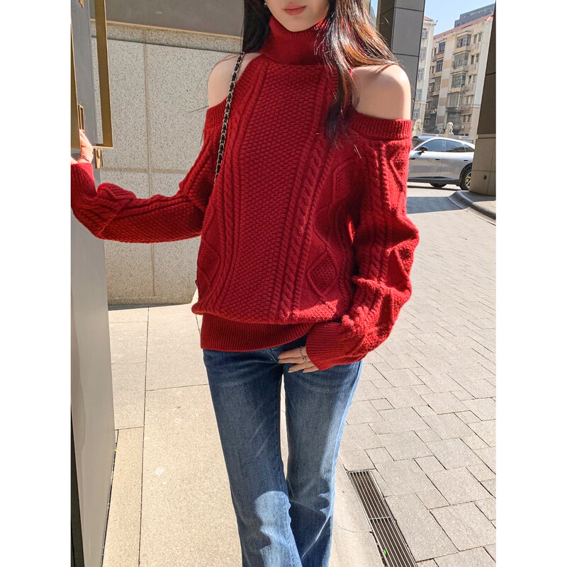 Ruckmode Rose Notes High-Neck Off-Shoulder Sweater for Women, Winter Lazy Style Christmas Red Knit Top