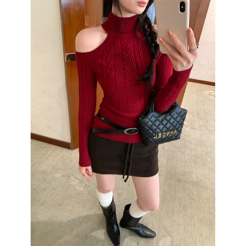 Ruckmode Christmas Atmosphere Outfit Red Turtleneck Sweater for Women Autumn and Winter New Style High-End Off-Shoulder Knitwear