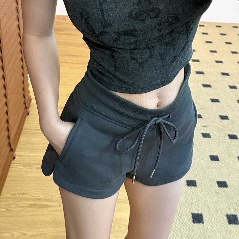 [668Miner] Gray Sports Shorts Hot Pants White Casual Pants Summer High Waist Drawstring Versatile Shorts