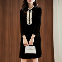 FYOG early autumn new womens elegant lace lace stitching solid color slim velvet dress A- line dress