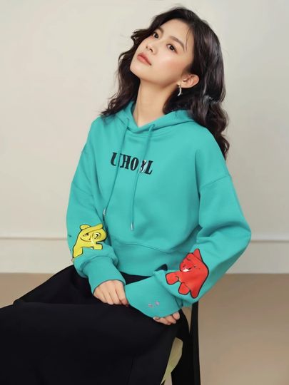 Lockeres, hoch tailliertes, kurzes Sweatshirt-Damen-Kapuzenoberteil 2025 Frühling und Herbst neue Mode, modische blaue Jacke für kleine Männer