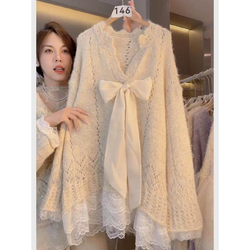 Korean Style Sweet Bow Sweater for Women, Autumn and Winter Lace Splicing Knitwear, Loose Top, Stylish Top