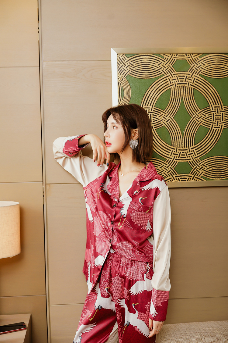 Đồ ngủ cưới cho cặp vợ chồng mới cưới đôi nam nữ mùa hè mùa thu dài tay lụa băng đỏ gợi cảm dịch vụ tại nhà phiên bản Hàn Quốc đồ bộ mùa hè cho nam nữ