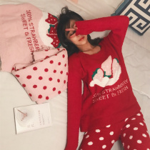  Soft and cute strawberry pajamas female autumn and winter red destiny coral velvet student thickened home service suit