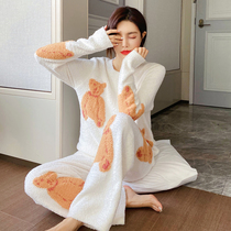 Cute bear pajamas female winter thickened coral velvet warm Japanese soft home clothing set autumn and winter can be worn outside