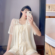 Pure Desire Wind Harness Pyjamas with three sets of womens summer Modale pure cotton web yarn lace Home Suit Netting Red