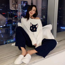 Cute kitten coral fleece pajamas womens winter net red hot style thickened plus velvet warm home service nightdress can be worn outside in autumn