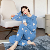 Sweet love pajamas female autumn and winter coral velvet thickened warm lace princess Korean home suit flannel