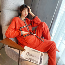Small fragrant wind thickened pajamas female winter coral velvet warm Korean version of net red ins home clothing set autumn and winter can be worn outside
