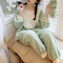 Princess lace coral velvet pajamas women autumn and winter plus velvet thickened warm lovely fresh home clothes Japanese Korean winter