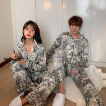  Couple pajamas ins trendy men sexy net red long-sleeved ice silk thin summer women spring and autumn can be worn outside home service suit