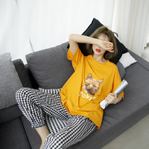  Cute pajamas cartoon long-sleeved pure cotton women summer and autumn students loose large size couple Korean home service suit men