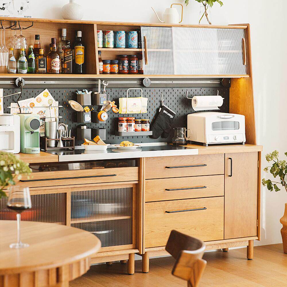 Nordic solid wood glass dining cabinet household hole board power rail storage cabinet integrated cabinet hotel storage sideboard