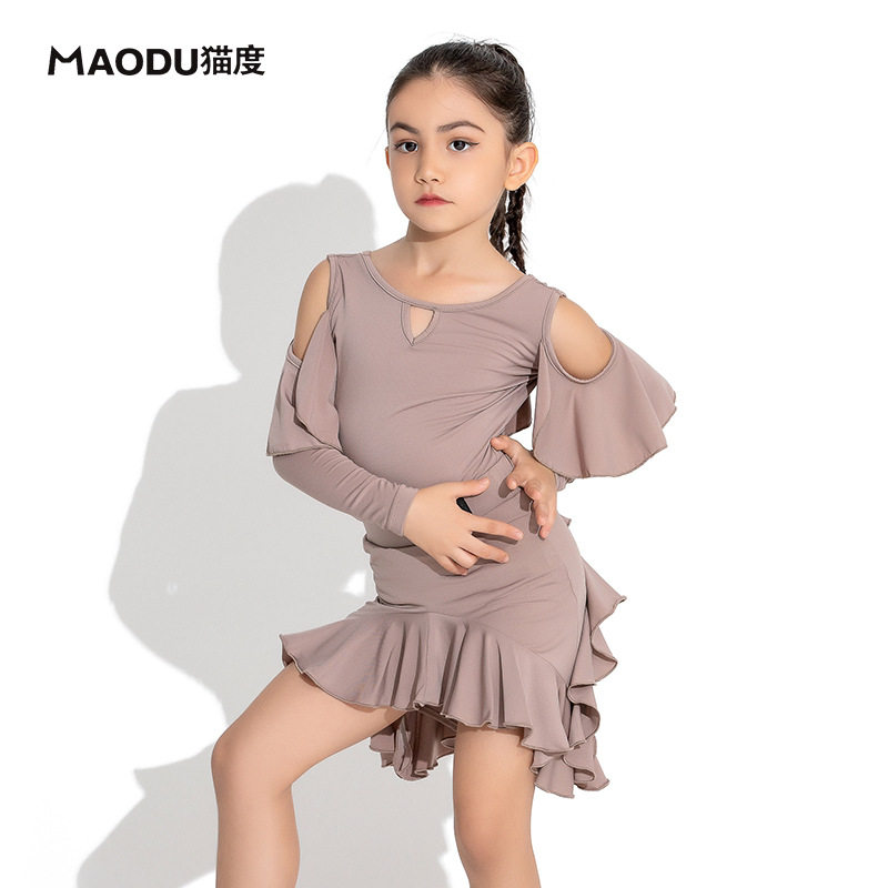 Maodu Latin dance clothes girls autumn and winter long-sleeved dance clothes tops children's practice clothing split top suit
