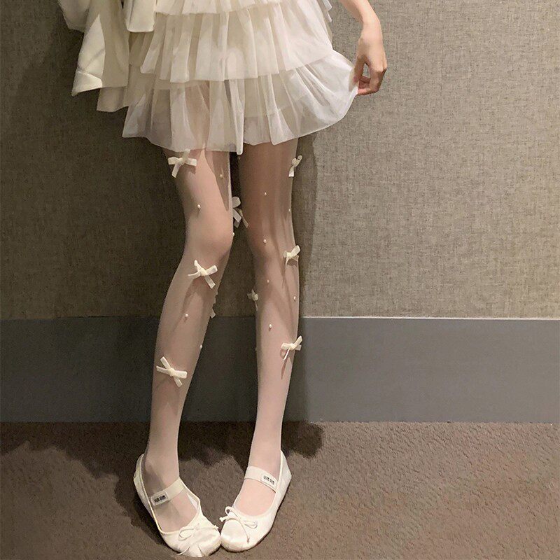 Japanese-style pure and alluring white stockings for women, anti-snagging, ballet style, 3D bow, pearl, sweet pantyhose, Lolita style.