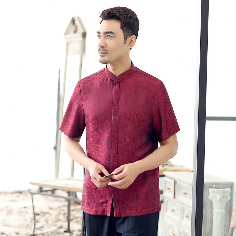Tang assault-Chinese Chinatown Chinese elderly Summer short sleeve real silk shirt upright collar disc buckle casual Zhongshan clothing
