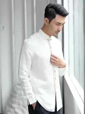 Chinese style Tang suit men silk long sleeve shirt Chinese style retro casual tunic men's coat embroidery buckle Tang suit