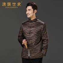 Male spring autumn middle-aged and elderly Tang suit jacket retro long sleeve top casual buckle Chinese printed large size shirt